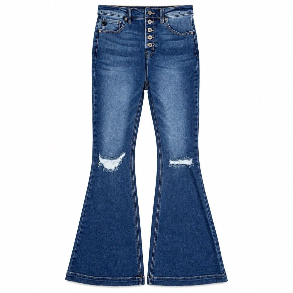 KanCan Dixie Petite Flare Jeans Womens 3/25 High Rise Button Fly Distressed